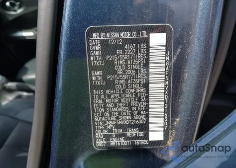 2013 Nissan Juke Sl из США, поврежденный, VIN JN8AF5MVXDT216307